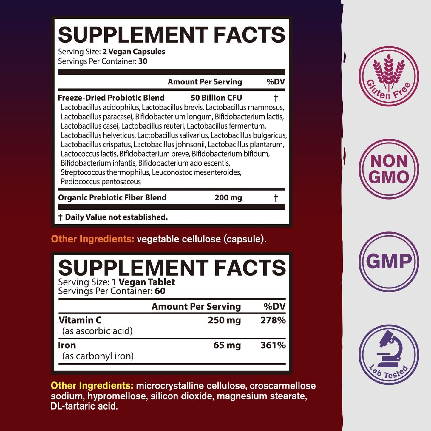 Probiotics and Iron Supplement Bundle - 50 Billion CFU, 23 Strains, Carbonyl Iron with Vitamin C, Supports Digestion & Red Blood Cells - 60 Tabs & Caps