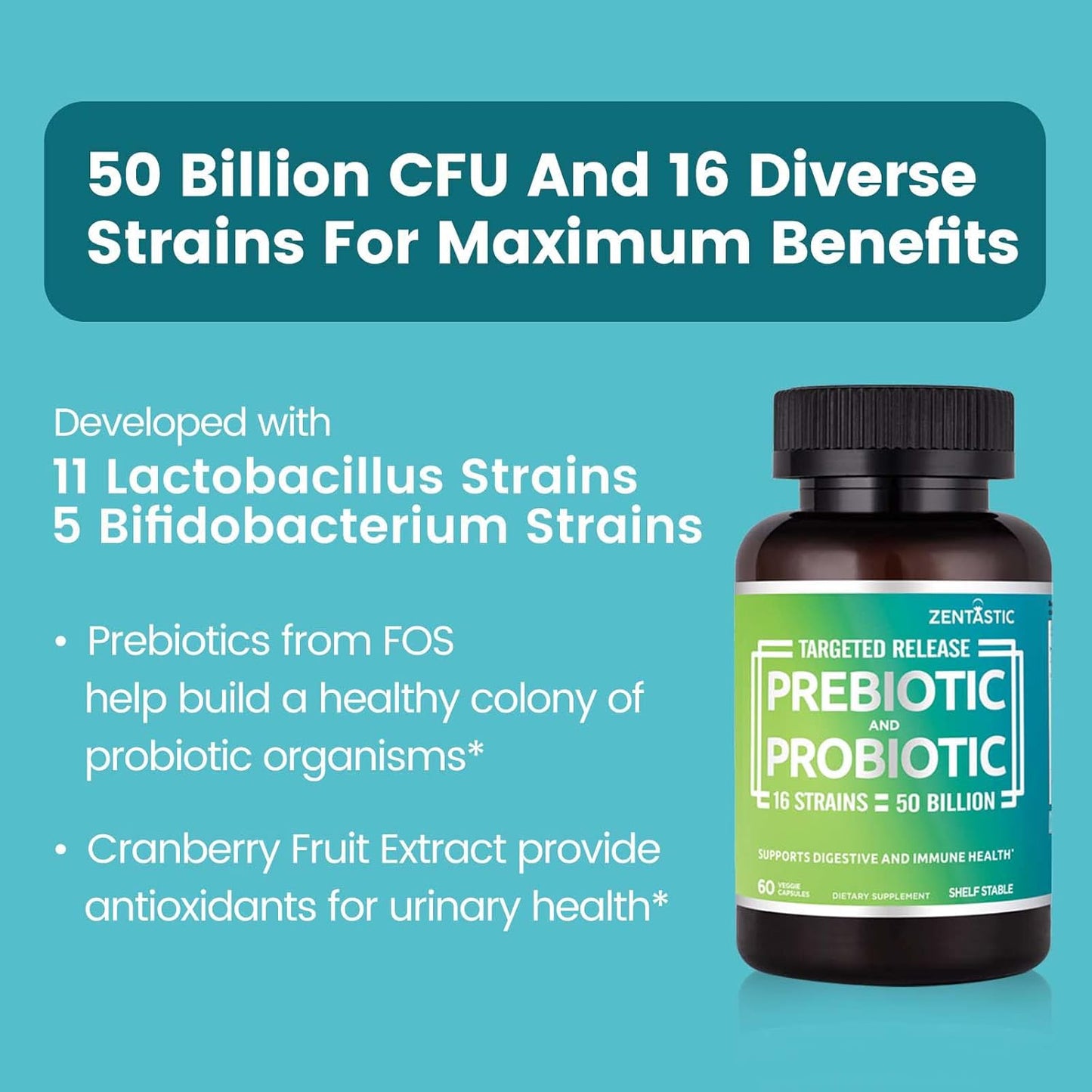 Probiotics & Prebiotics Supplement with 50 Billion CFU - Immune & Digestive Support for Men & Women - 16 Strains - Shelf Stable - 300 Delayed Release Capsules