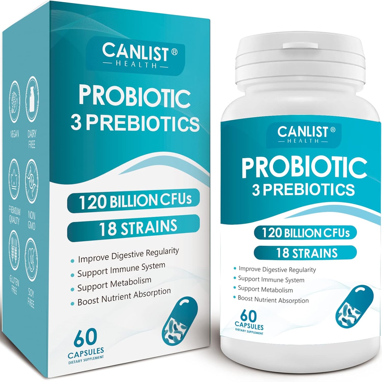 Probiotics Supplement 120 Billion CFUs, 18 Strains + Prebiotics & Enzymes for Digestive & Immune Health - Non-GMO, 60 Capsules