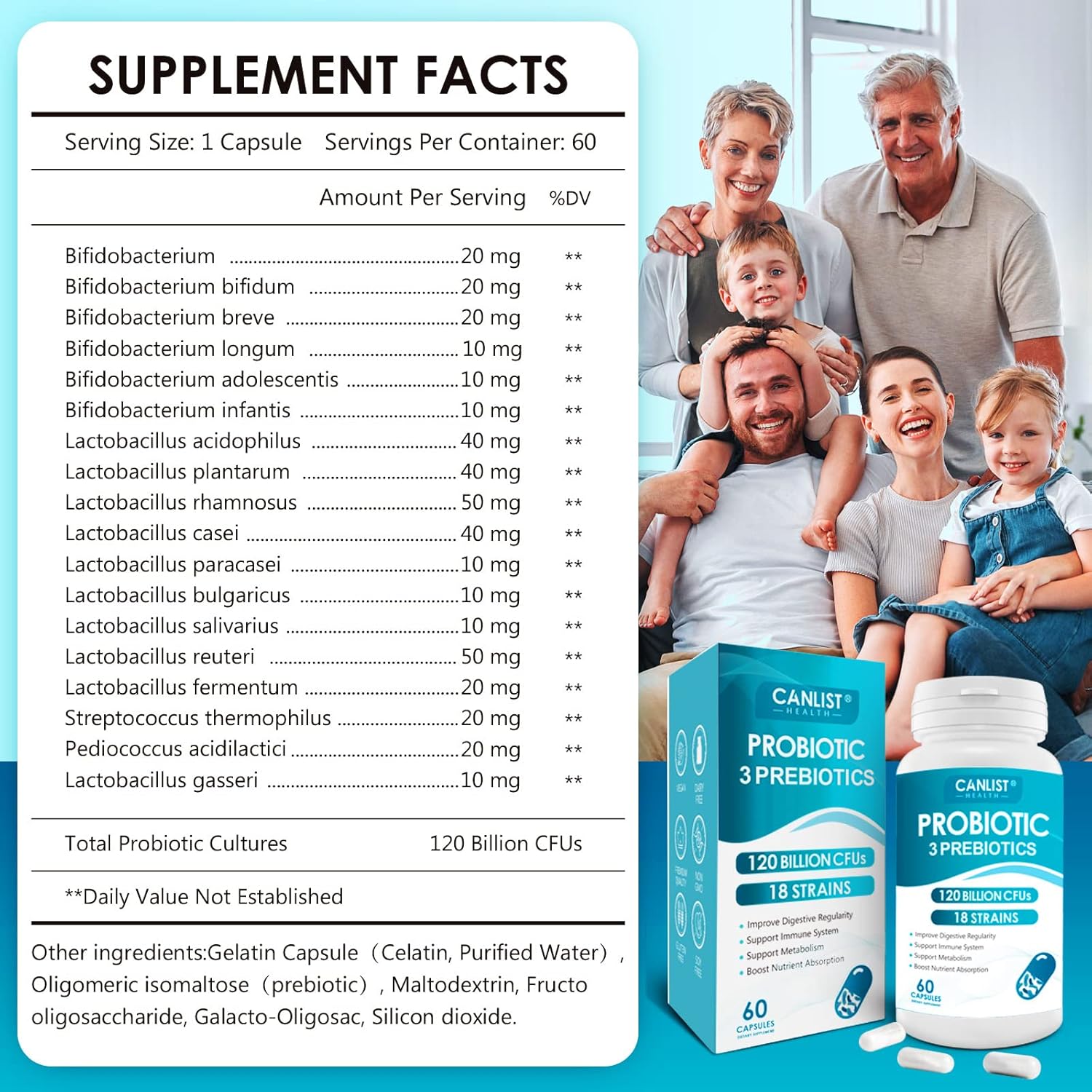 Probiotics Supplement 120 Billion CFUs, 18 Strains + Prebiotics & Enzymes for Digestive & Immune Health - Non-GMO, 60 Capsules