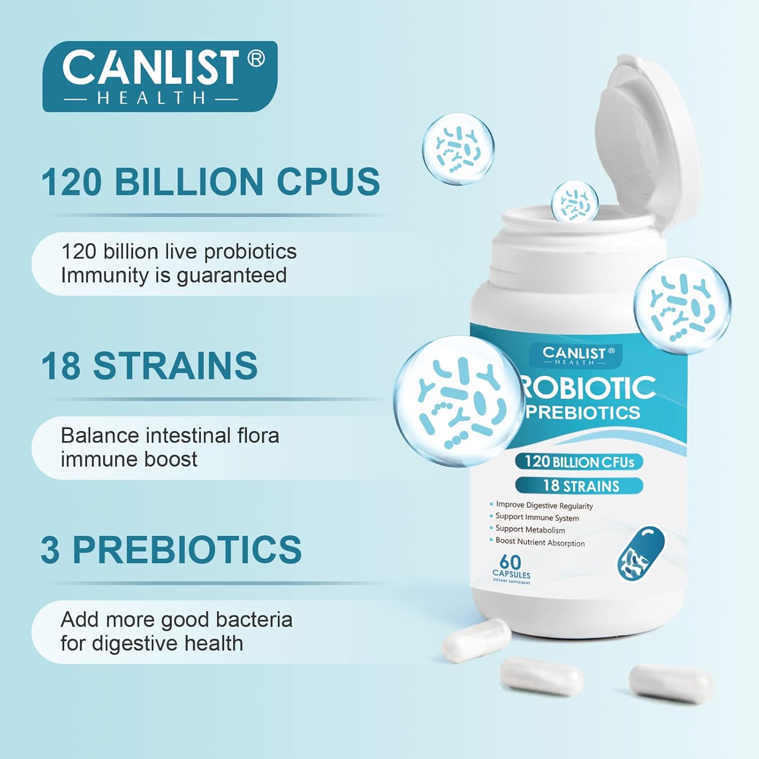 Probiotics Supplement 120 Billion CFUs, 18 Strains + Prebiotics & Enzymes for Digestive & Immune Health - Non-GMO, 60 Capsules
