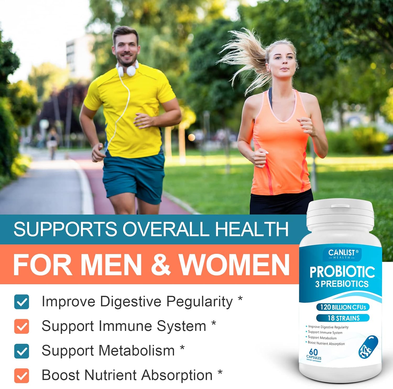 Probiotics Supplement 120 Billion CFUs, 18 Strains + Prebiotics & Enzymes for Digestive & Immune Health - Non-GMO, 60 Capsules