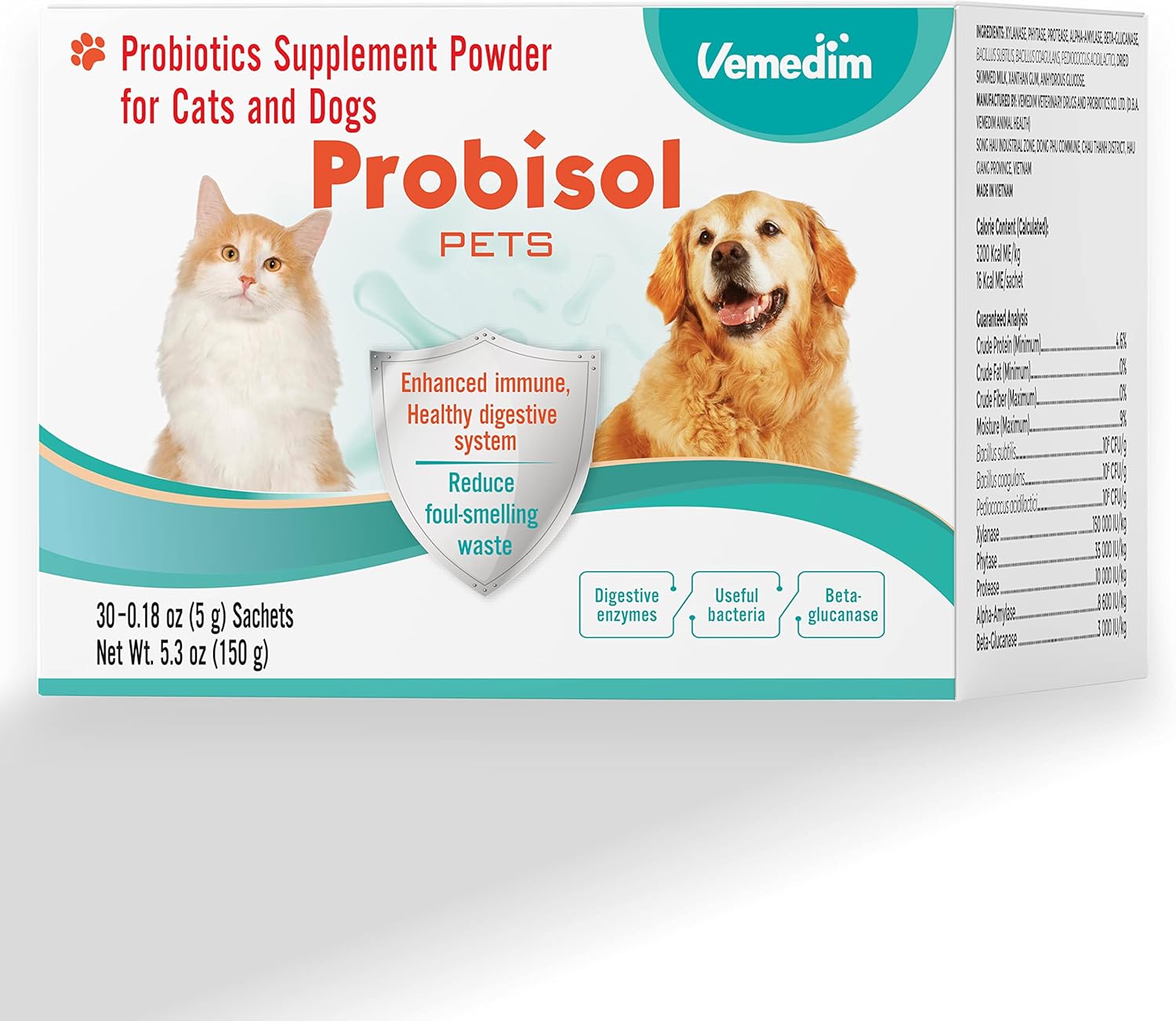 Probisol Pets Probiotic Powder for Dogs & Cats - Immune & Digestive Support, Reduce Odor, Improve Digestion - Milk Flavored, 5.3oz (150g) - 30 Packets