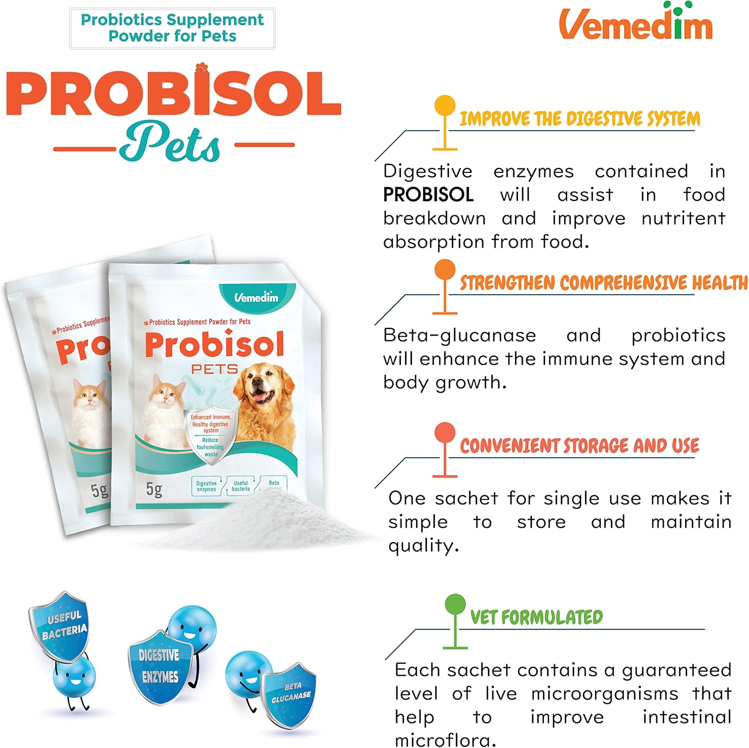Probisol Pets Probiotic Powder for Dogs & Cats - Immune & Digestive Support, Reduce Odor, Improve Digestion - Milk Flavored, 5.3oz (150g) - 30 Packets