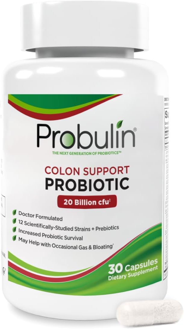 Probulin Colon Support Probiotic Supplement - Daily Gut & Immune Health Capsules for Men & Women - 20 Billion CFU - Vegan - 30 Count Bottle