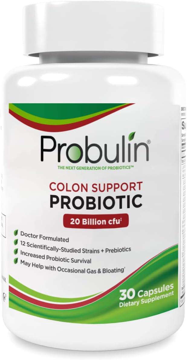 Probulin Colon Support Probiotic Supplement - Daily Gut & Immune Health Capsules for Men & Women - 20 Billion CFU - Vegan - 30 Count Bottle