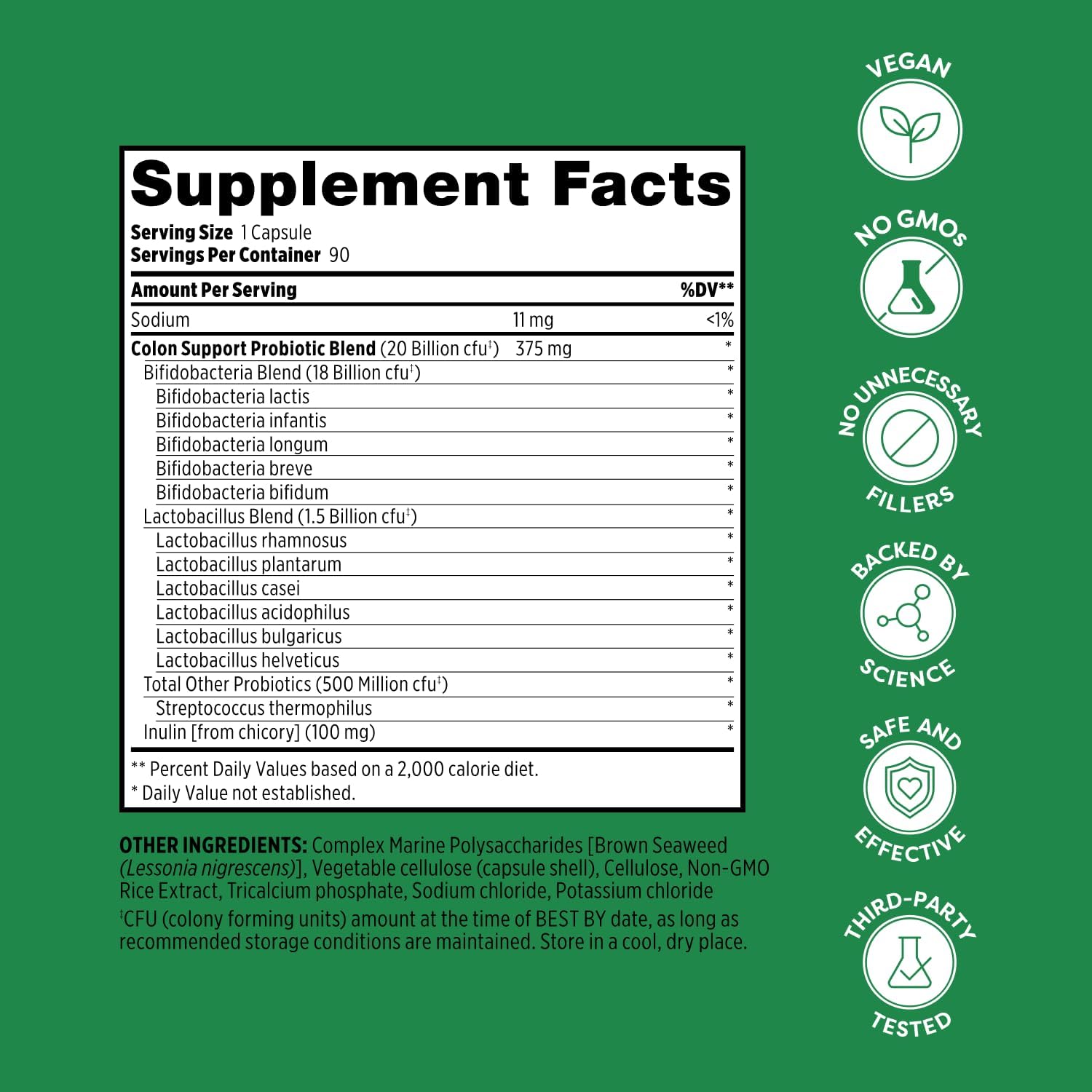 Probulin Colon Support Probiotic Supplement for Digestive and Immune Health - 90 Capsules, 20 Billion CFU, Vegan Formula for Men and Women