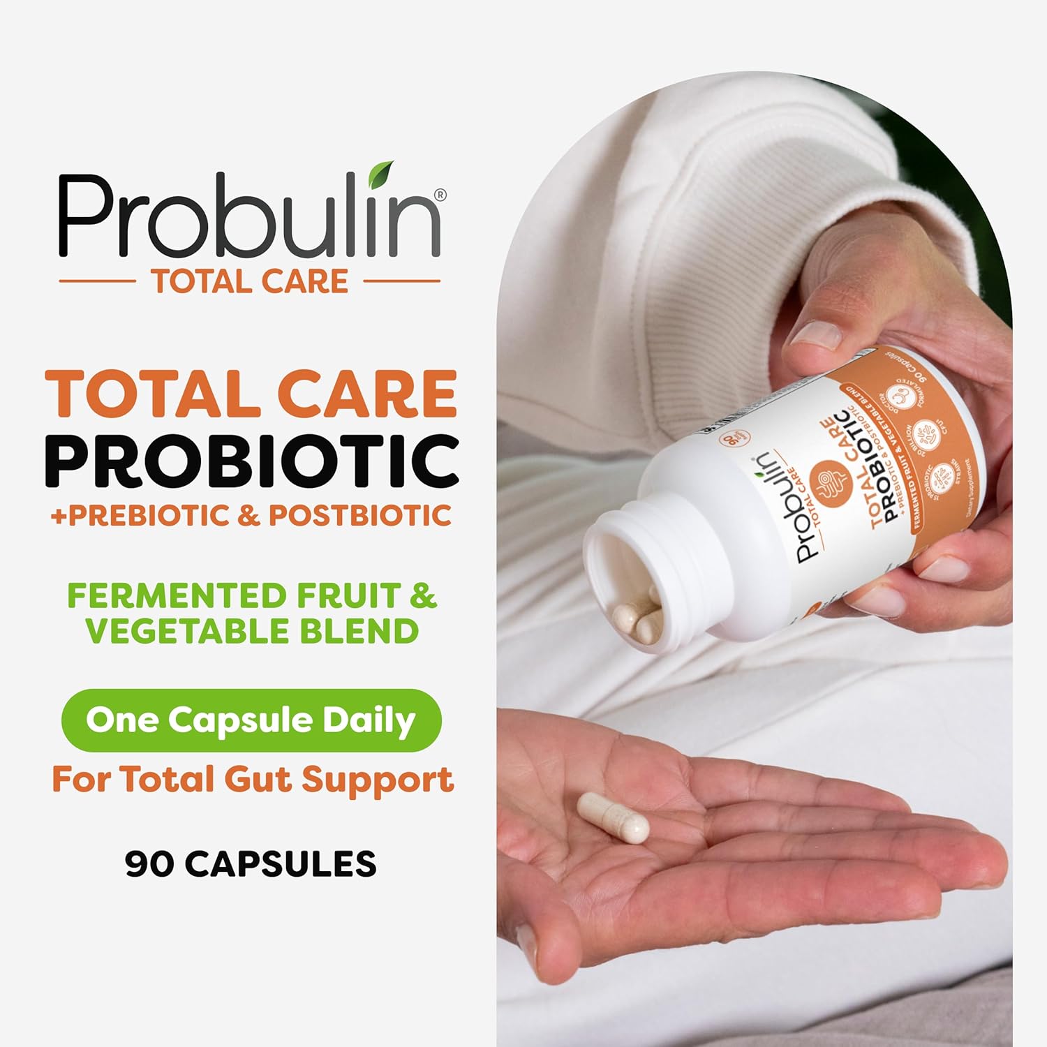 Probulin Total Care Probiotic Supplement - 90 Capsules, 20 Billion CFU for Gut, Digestive & Immune Health - Vegan Formula for Men and Women