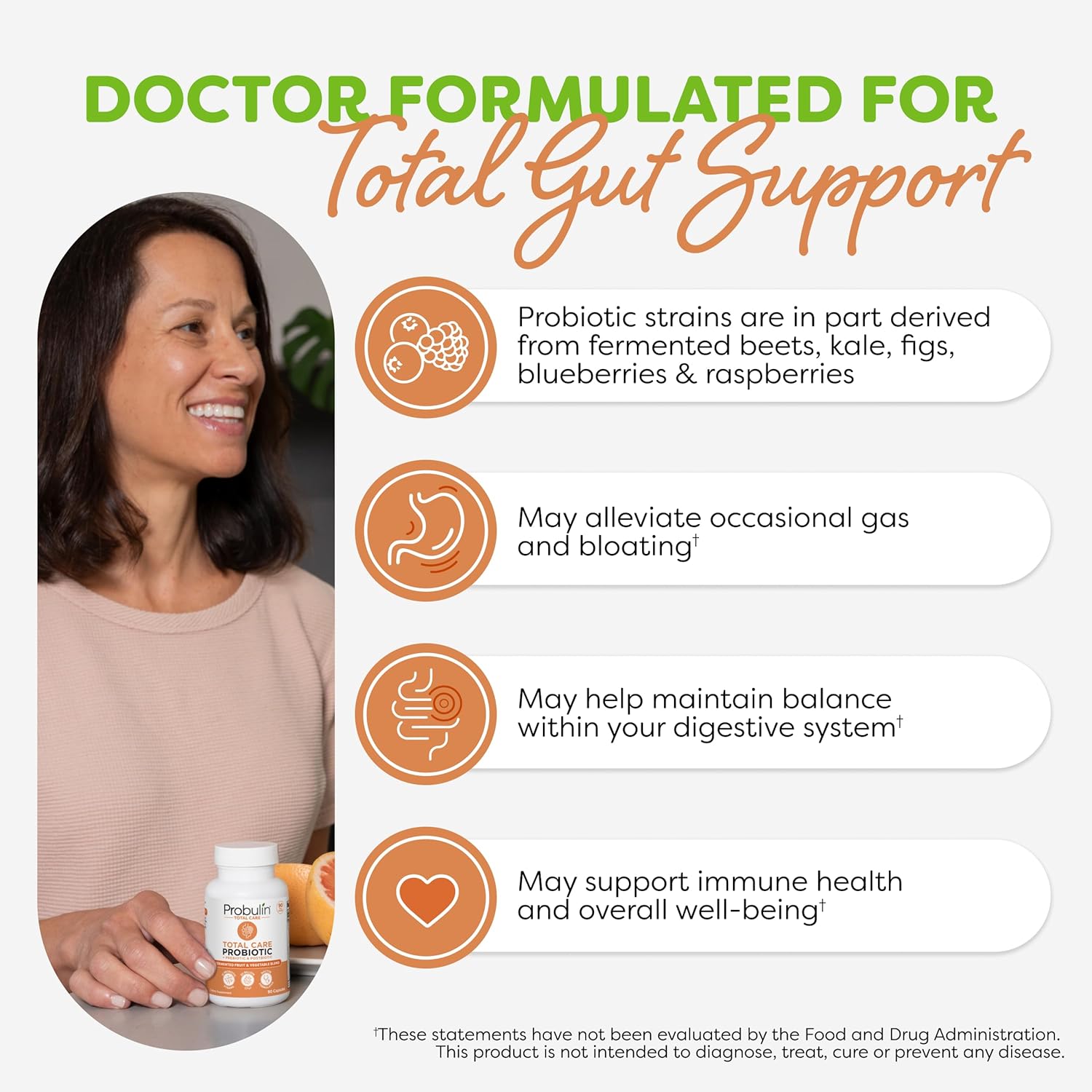 Probulin Total Care Probiotic Supplement - 90 Capsules, 20 Billion CFU for Gut, Digestive & Immune Health - Vegan Formula for Men and Women