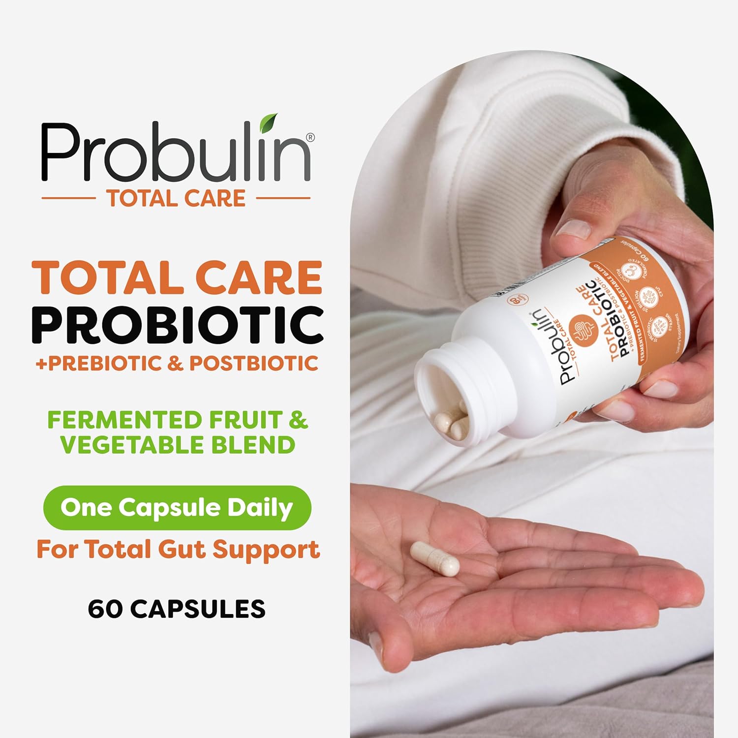 Probulin Total Care Probiotic Supplement for Daily Gut, Digestive, and Immune Health - 20 Billion CFU, Vegan Capsules (60 Count)