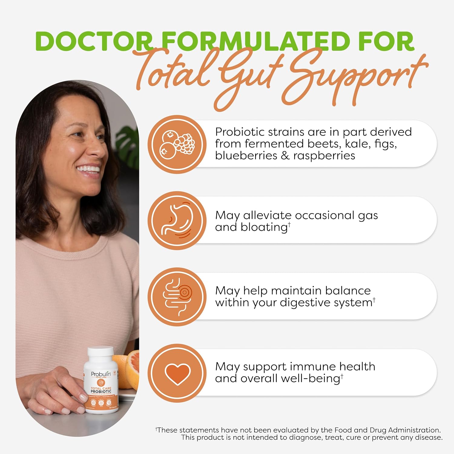 Probulin Total Care Probiotic Supplement for Daily Gut, Digestive, and Immune Health - 20 Billion CFU, Vegan Capsules (60 Count)