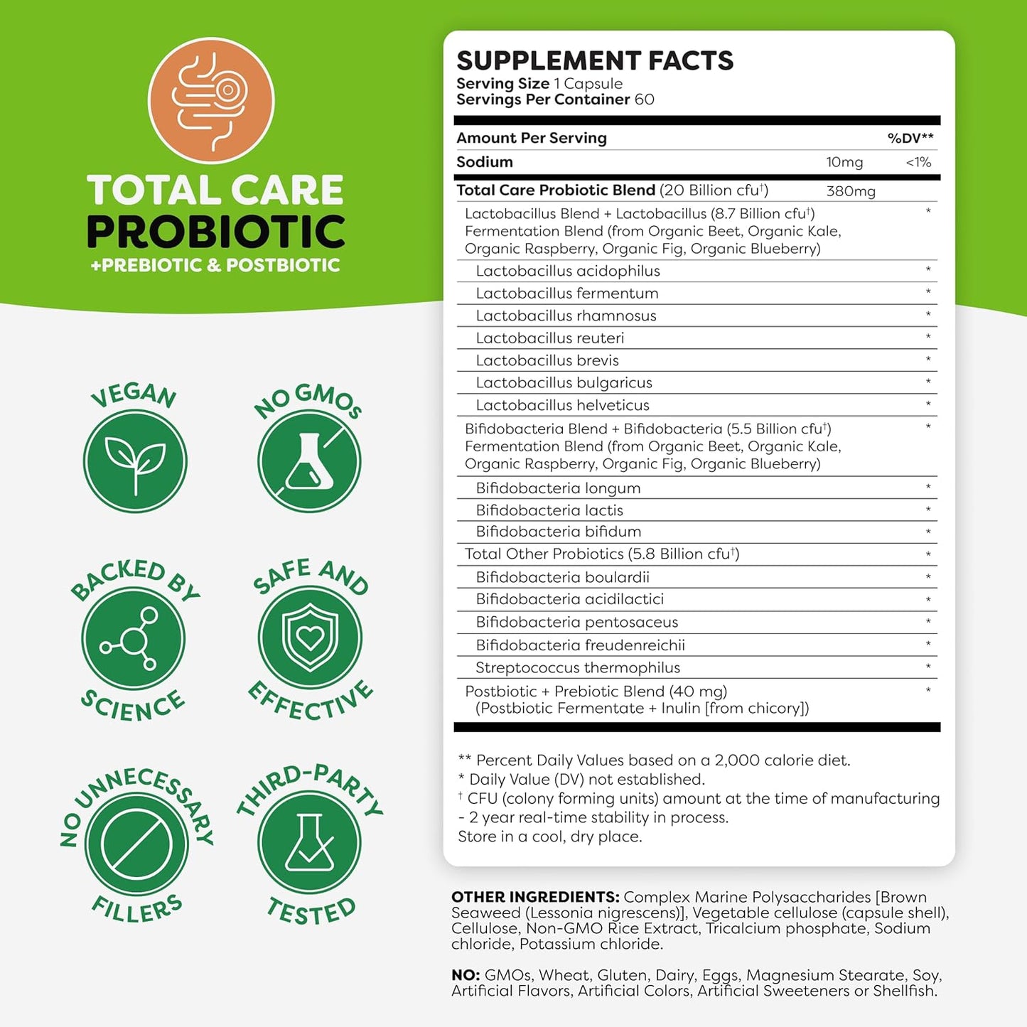 Probulin Total Care Probiotic Supplement for Daily Gut, Digestive, and Immune Health - 20 Billion CFU, Vegan Capsules (60 Count)