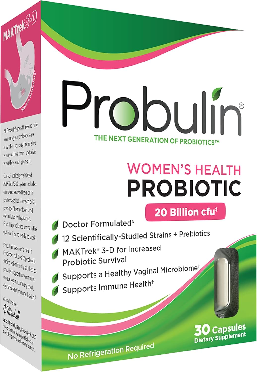 Probulin Women's Health Probiotic with Prebiotic - 20 Billion CFU, 12 Strains - Vaginal, Gut & Immune Support - 30 Vegan Capsules