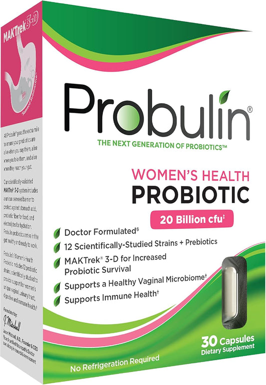Probulin Women's Health Probiotic with Prebiotic - 20 Billion CFU, 12 Strains - Vaginal, Gut & Immune Support - 30 Vegan Capsules