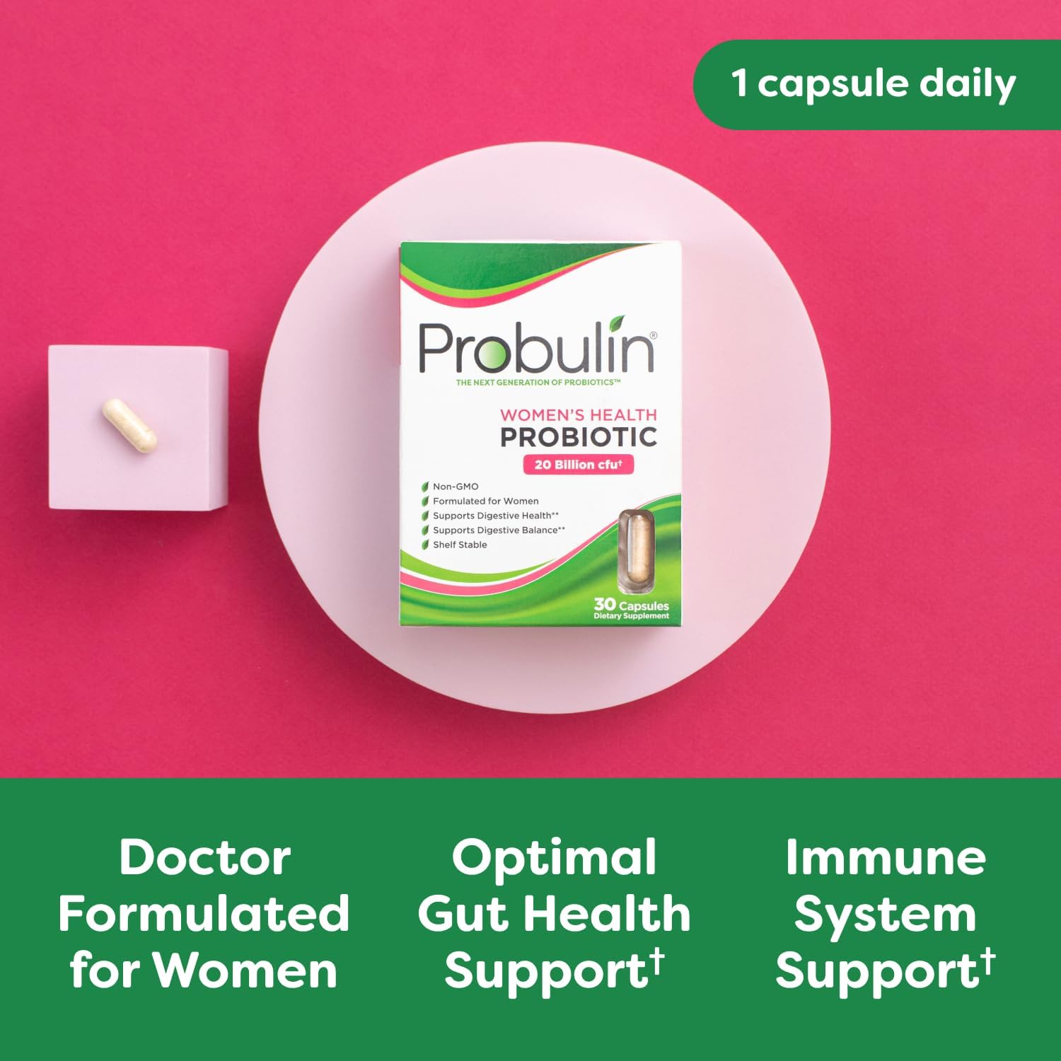 Probulin Women's Health Probiotic with Prebiotic - 20 Billion CFU, 12 Strains - Vaginal, Gut & Immune Support - 30 Vegan Capsules