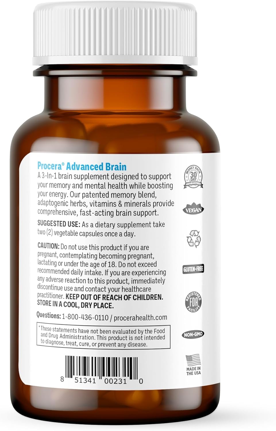Procera Advanced Brain Supplement - Fast-Acting Formula Backed by 100+ Studies - Enhances Memory, Recall, and Concentration - Promotes Mental Clarity and Slows Cognitive Decline - 60 Capsules