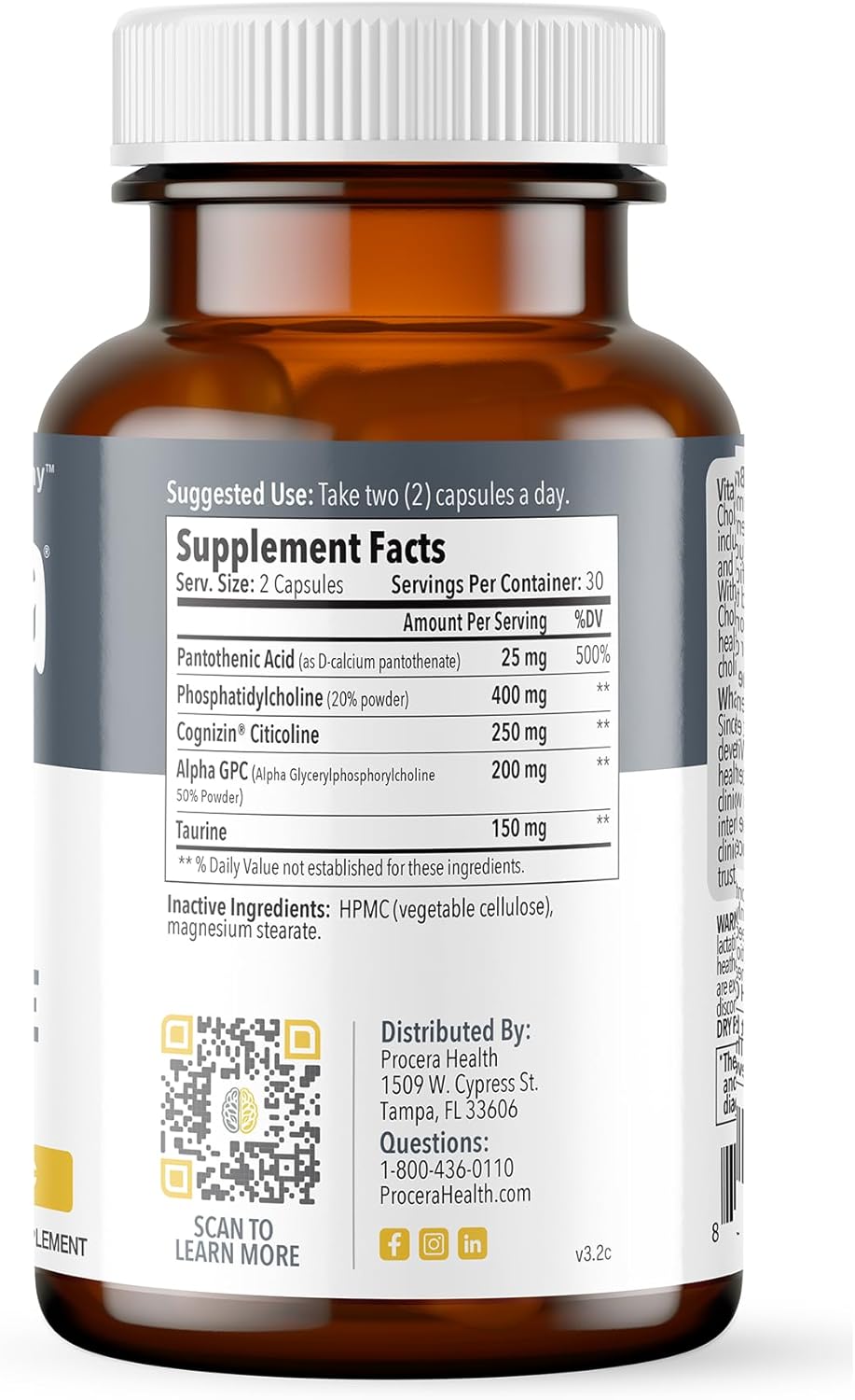 Procera Vital Choline Capsules - Enhances Memory, Mental Clarity, & Brain Health - Supports Healing & Cellular Regeneration - Stress Relief & Cognitive Function - 60 Count