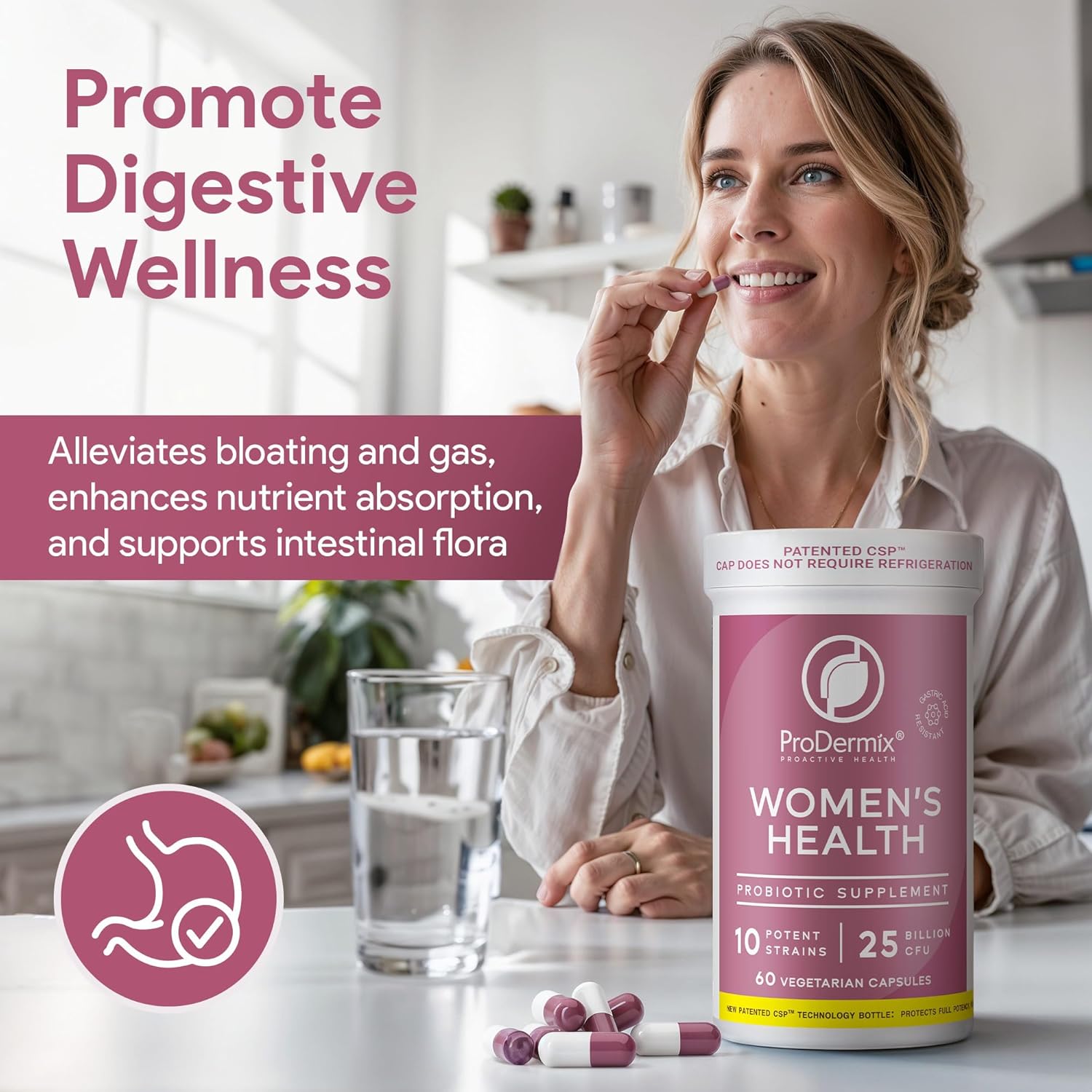 PRODERMIX Vaginal Probiotic Supplement for Women - Promotes PH Balance, UT Health - 25 Billion CFU, Once Daily, Kosher - 60 Capsules