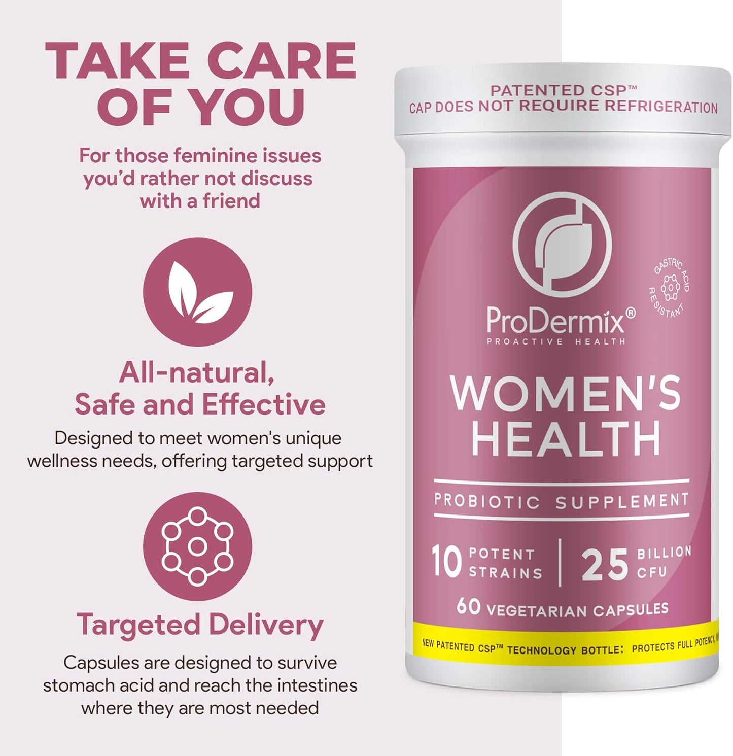 PRODERMIX Vaginal Probiotic Supplement for Women - Promotes PH Balance, UT Health - 25 Billion CFU, Once Daily, Kosher - 60 Capsules