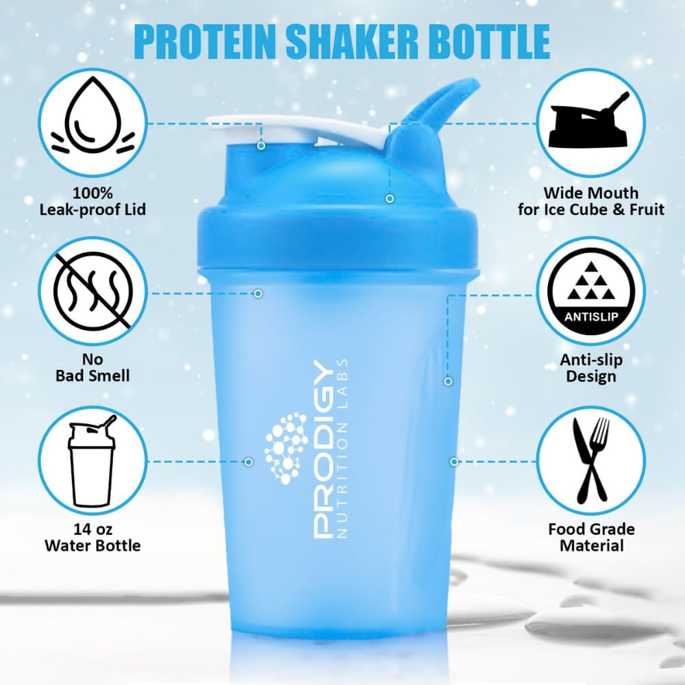 Prodigy Nutrition Labs 14oz Premium Shaker Bottle for Protein Shakes and Pre Workout - Blue Color