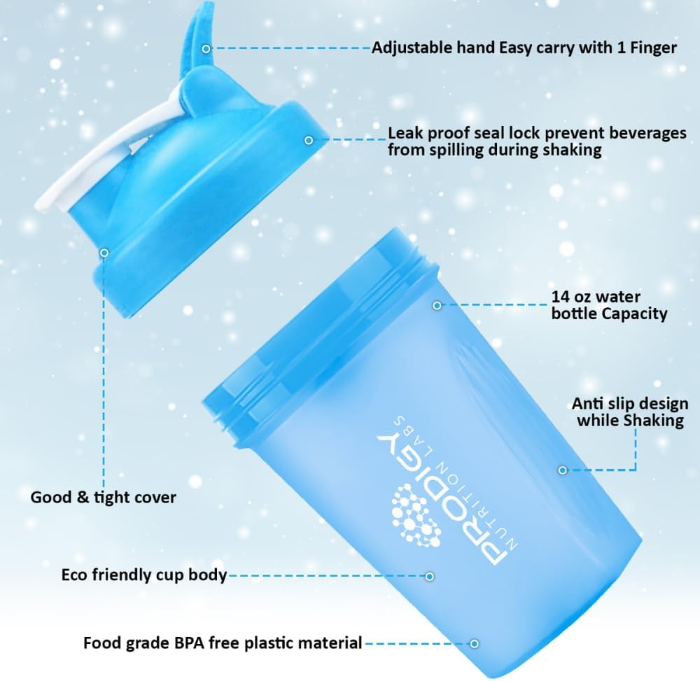 Prodigy Nutrition Labs 14oz Premium Shaker Bottle for Protein Shakes and Pre Workout - Blue Color