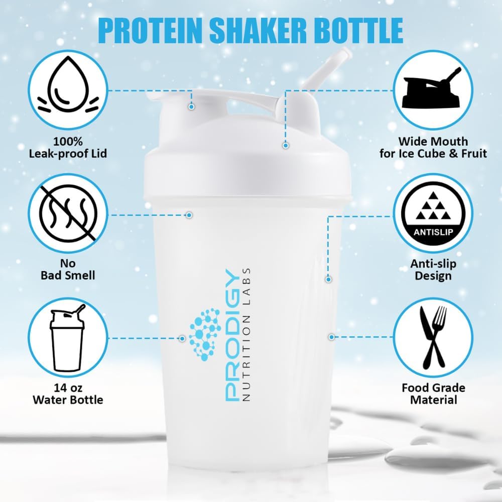 Prodigy Nutrition Labs Premium 14 oz White Shaker Bottle for Protein Shakes and Pre Workout