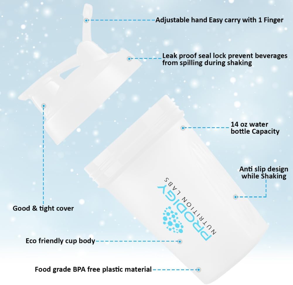 Prodigy Nutrition Labs Premium 14 oz White Shaker Bottle for Protein Shakes and Pre Workout
