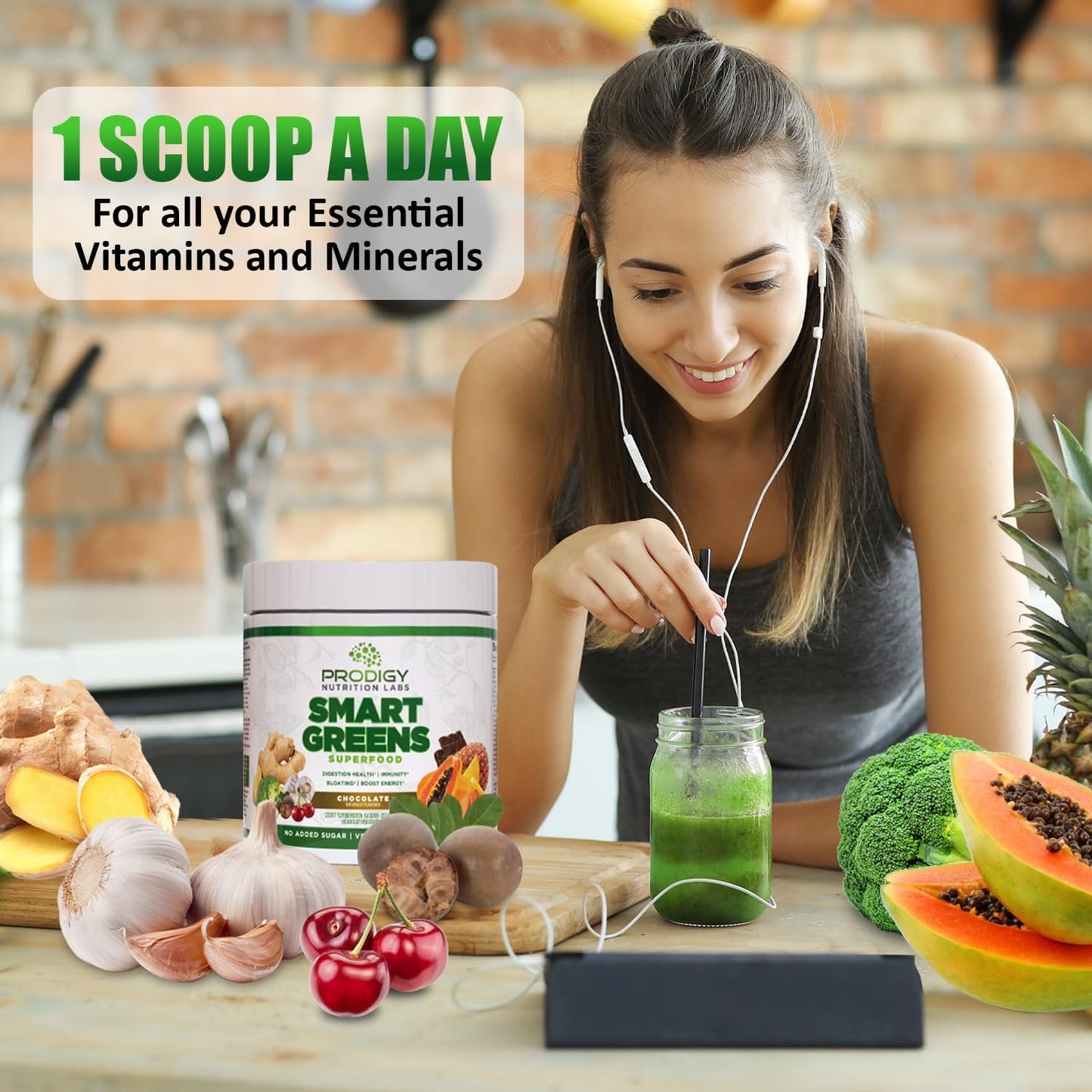 Prodigy Smart Greens Super Greens Powder Smoothie - Probiotics for Digestive Health - Protein, Veggies, Fruits - Chlorella Gut Health