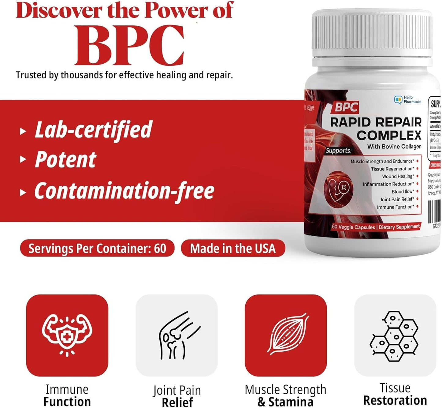 Professional Grade BPC-157 with Collagen Complex - 60 Capsules - ISO Lab Verified - Made in USA