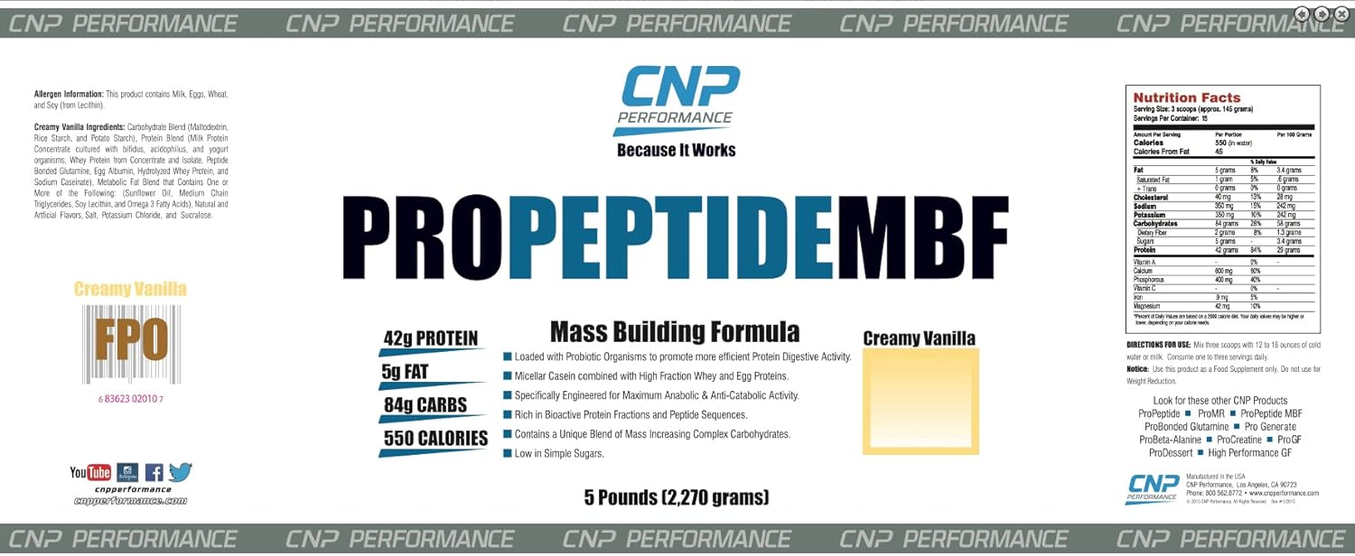 Professional Grade CNP Performance ProPeptide MBF Protein Powder for Mass Building, 5lb Vanilla Weight Gainer
