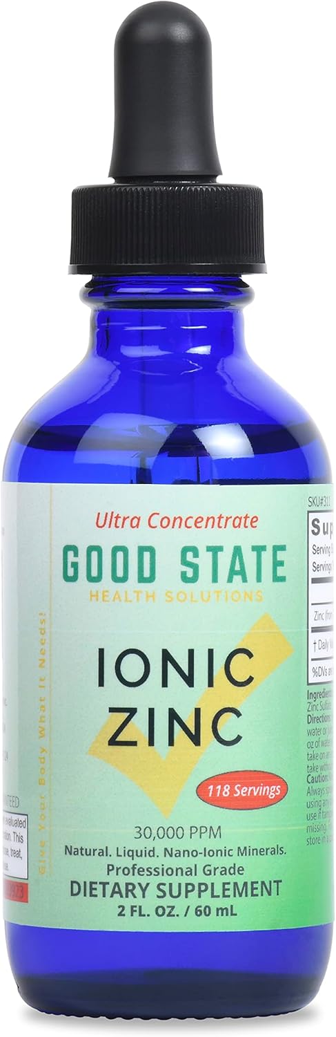 Professional Grade Good State Natural Ionic Zinc Liquid Concentrate - 1.6 fl oz Glass Bottle