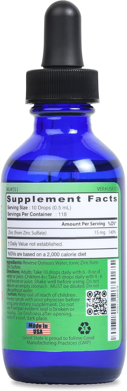 Professional Grade Good State Natural Ionic Zinc Liquid Concentrate - 1.6 fl oz Glass Bottle