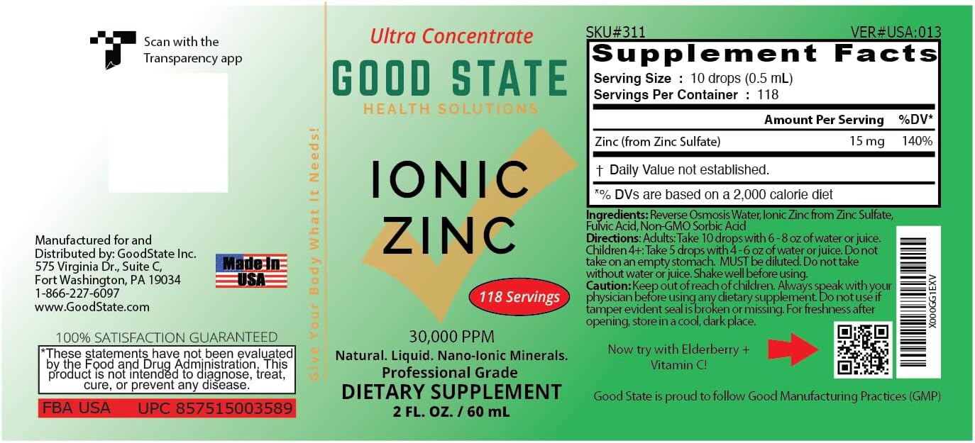 Professional Grade Good State Natural Ionic Zinc Liquid Concentrate - 1.6 fl oz Glass Bottle