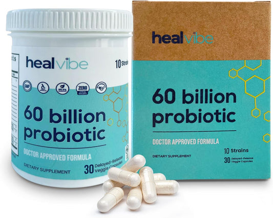 Professional Grade HealVibe Probiotics with 60 Billion CFU, 30 Count - Organic Prebiotics, 10 Strains, Eco-Friendly Packaging - Women and Men's Health