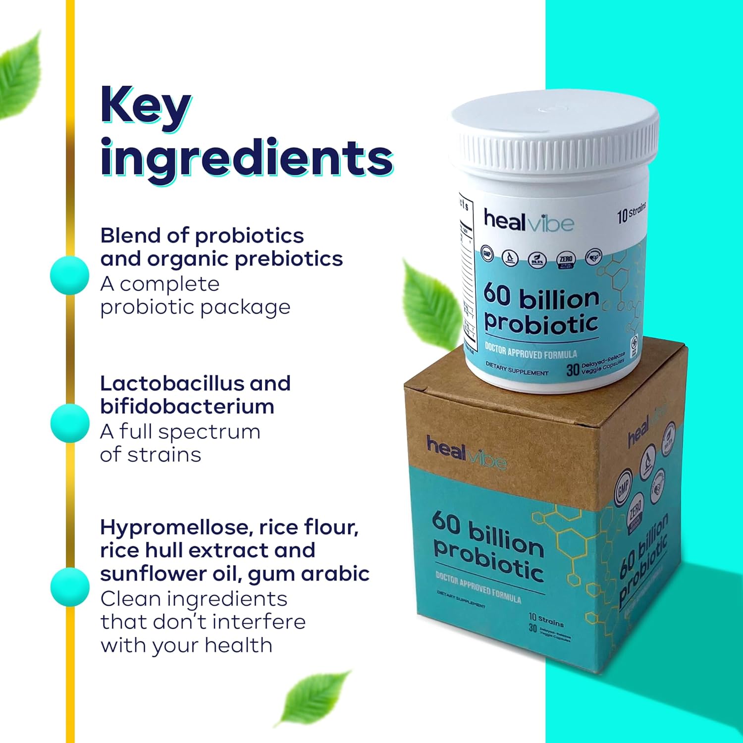 Professional Grade HealVibe Probiotics with 60 Billion CFU, 30 Count - Organic Prebiotics, 10 Strains, Eco-Friendly Packaging - Women and Men's Health