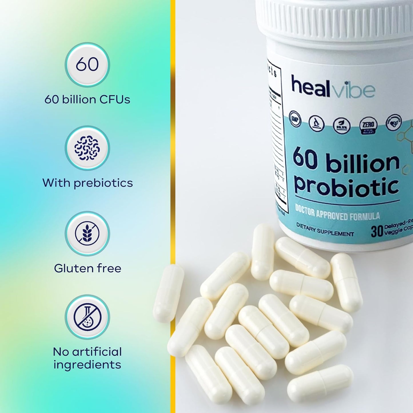 Professional Grade HealVibe Probiotics with 60 Billion CFU, 30 Count - Organic Prebiotics, 10 Strains, Eco-Friendly Packaging - Women and Men's Health