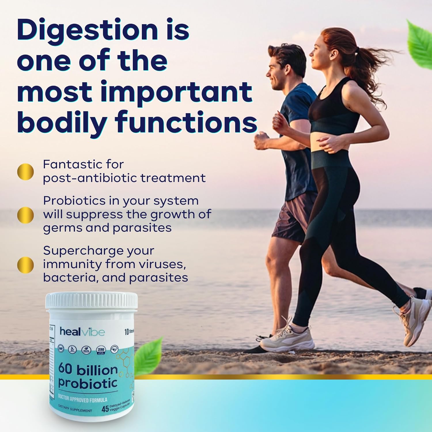 Professional Grade HealVibe Probiotics with 60 Billion CFU, 30 Count - Organic Prebiotics, 10 Strains, Eco-Friendly Packaging - Women and Men's Health