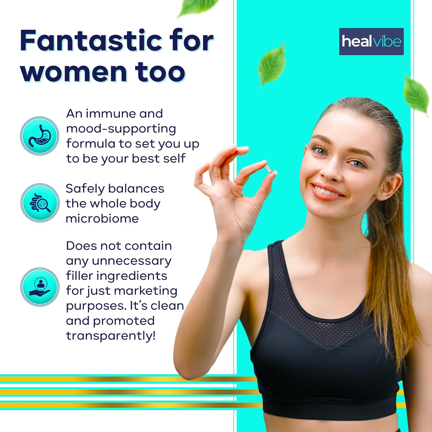 Professional Grade HealVibe Probiotics with 60 Billion CFU, 30 Count - Organic Prebiotics, 10 Strains, Eco-Friendly Packaging - Women and Men's Health