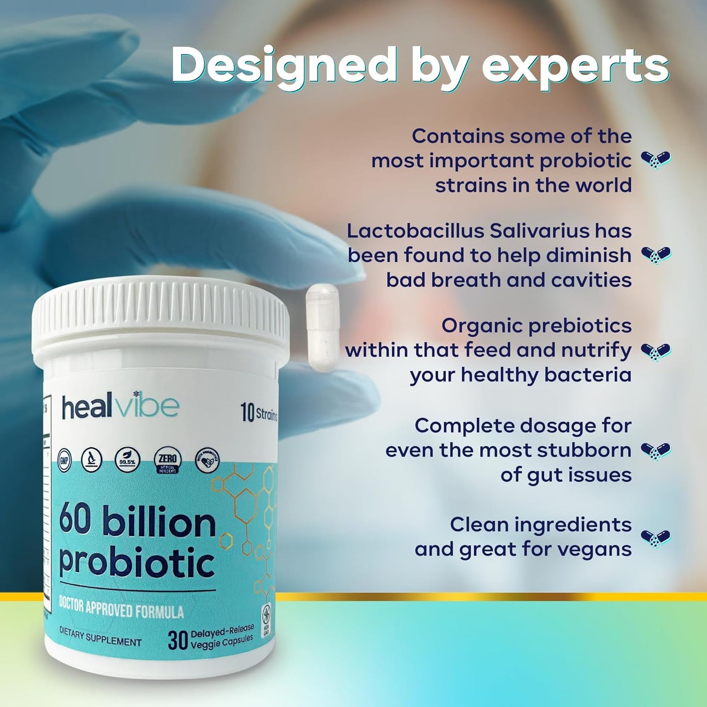 Professional Grade HealVibe Probiotics with 60 Billion CFU, 30 Count - Organic Prebiotics, 10 Strains, Eco-Friendly Packaging - Women and Men's Health