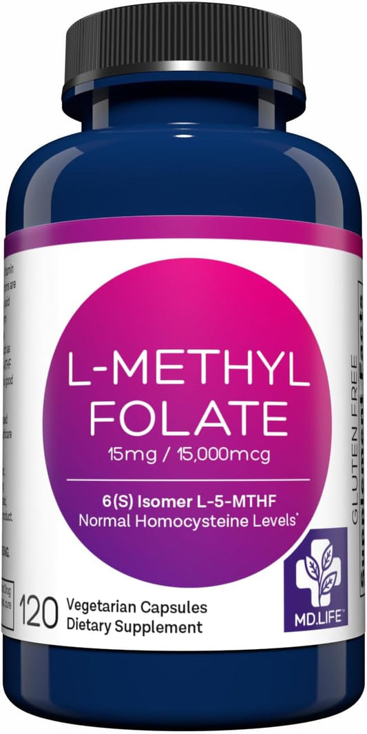 Professional-Grade MD.LIFE L-Methylfolate 15mg Supplement - Maximum Potency MTHFR Support - 120 Capsules - Essential Amino Acids for Health
