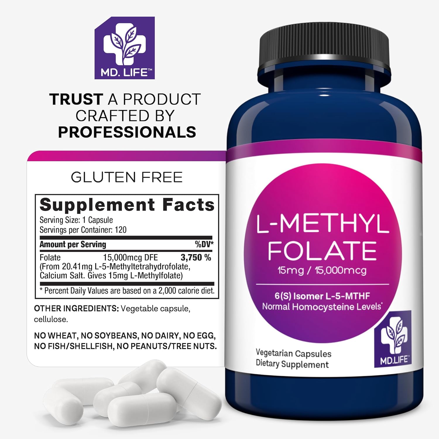 Professional-Grade MD.LIFE L-Methylfolate 15mg Supplement - Maximum Potency MTHFR Support - 120 Capsules - Essential Amino Acids for Health