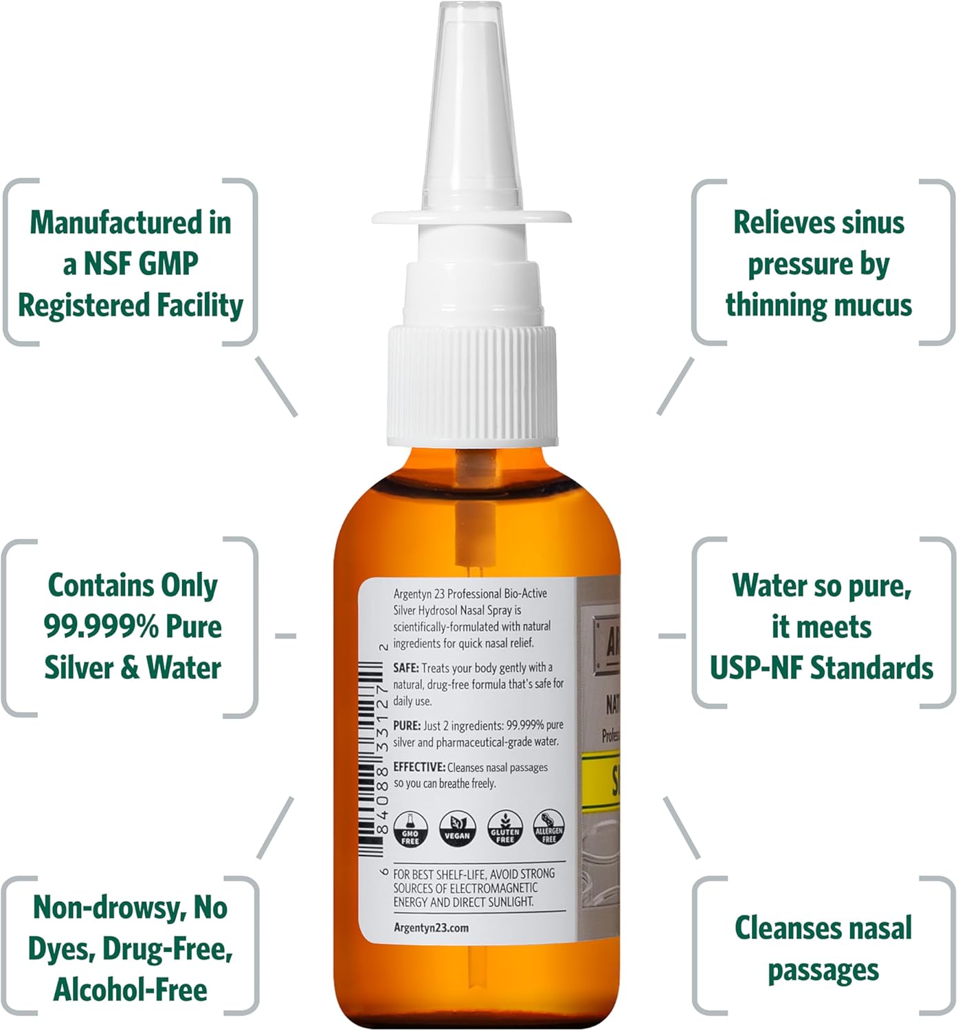 Professional Strength Argentyn 23 Bio-Active Silver Hydrosol Nasal Spray for Sinus Relief, 23ppm, 2oz