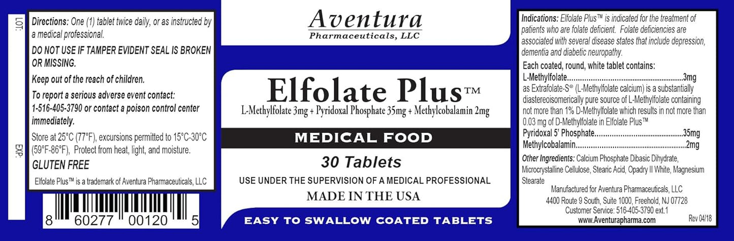 Professional Strength ELFOLATE Plus® 3mg Methylfolate Medical Food Supplement - Pure & Potent 30 Tablets