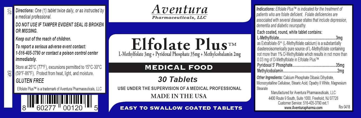Professional Strength ELFOLATE Plus® 3mg Methylfolate Medical Food Supplement - Pure & Potent 30 Tablets