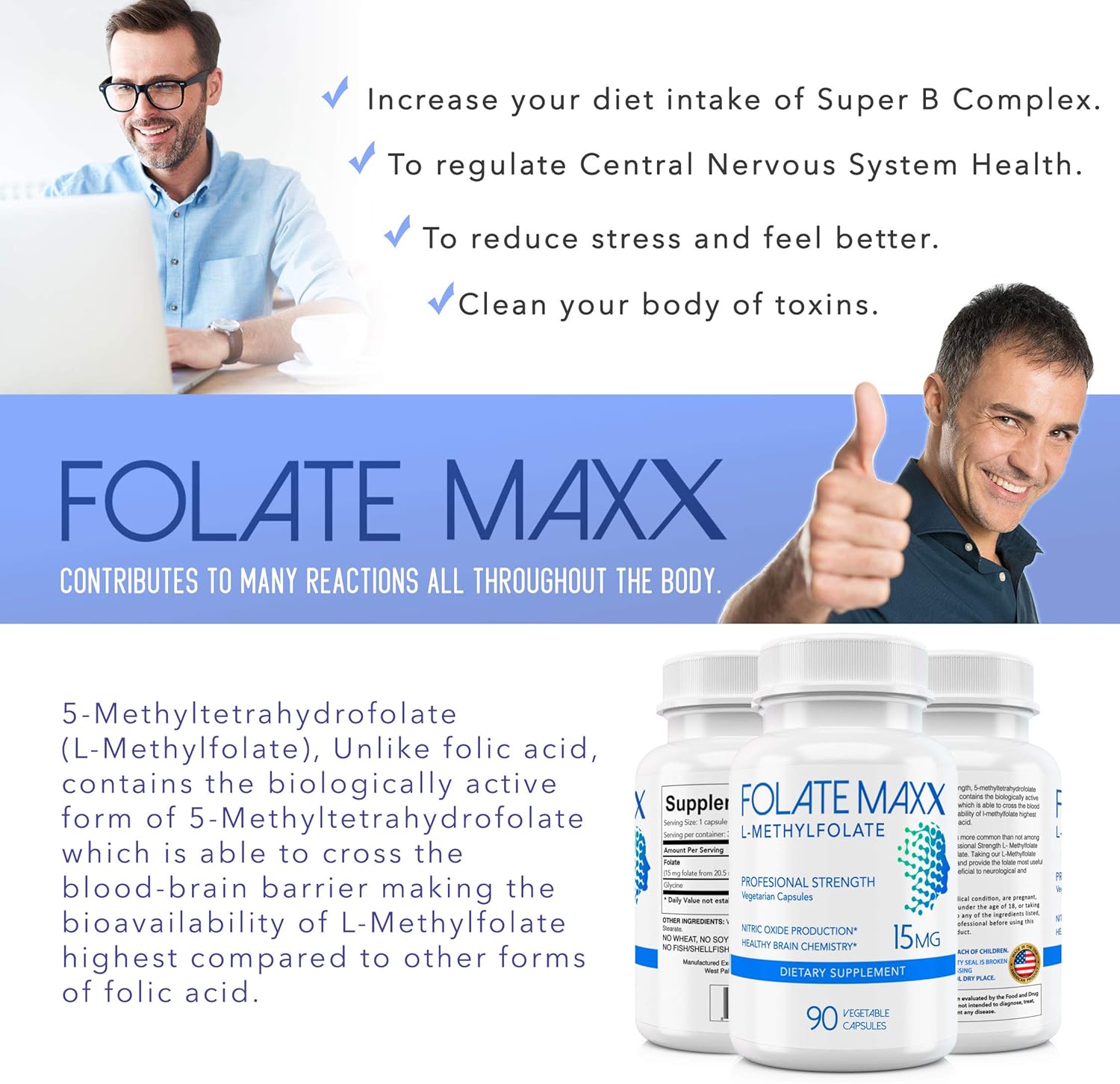 Professional Strength FOLATE MAXX L-Methylfolate 15mg Capsules - 90 Count - Active Methyl Folate Supplement for Men & Women - Non GMO, Gluten Free