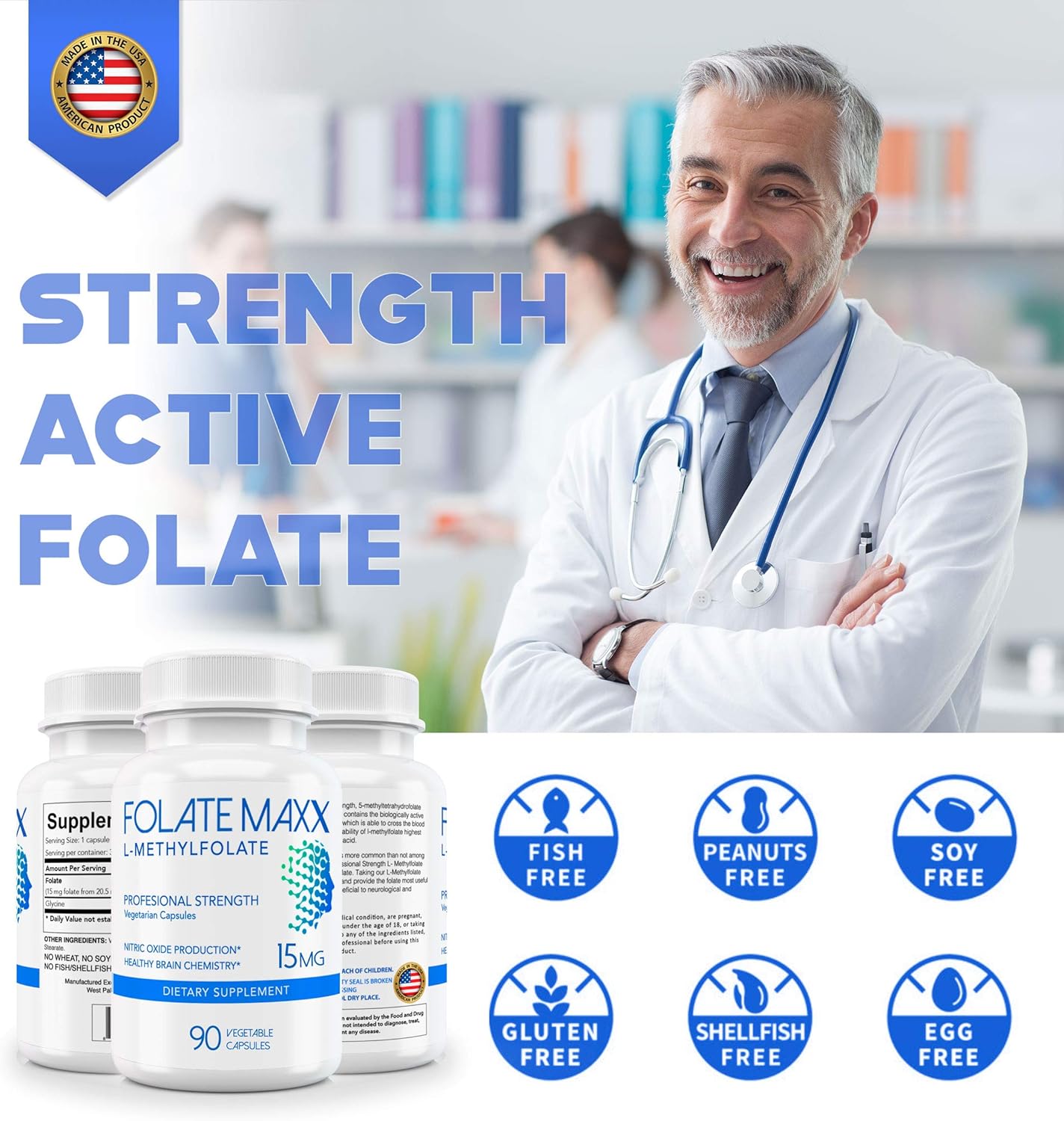 Professional Strength FOLATE MAXX L-Methylfolate 15mg Capsules - 90 Count - Active Methyl Folate Supplement for Men & Women - Non GMO, Gluten Free