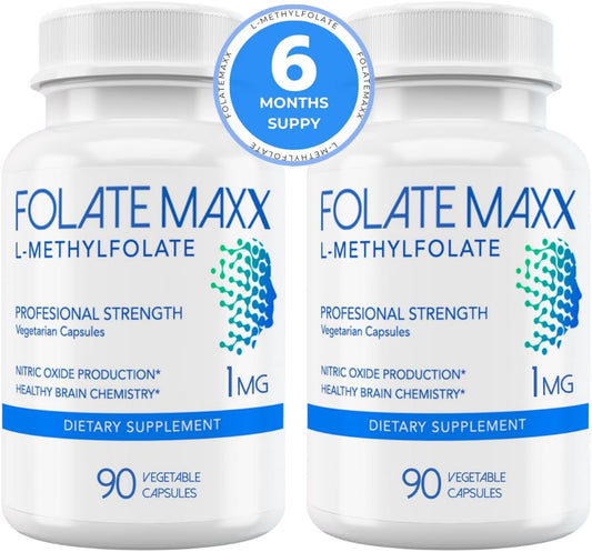 Professional Strength FolateMaxx L-Methylfolate Supplement (1mg) - 180 Vegetarian Capsules - Non-GMO, Gluten/Soy Free, GMP Compliant