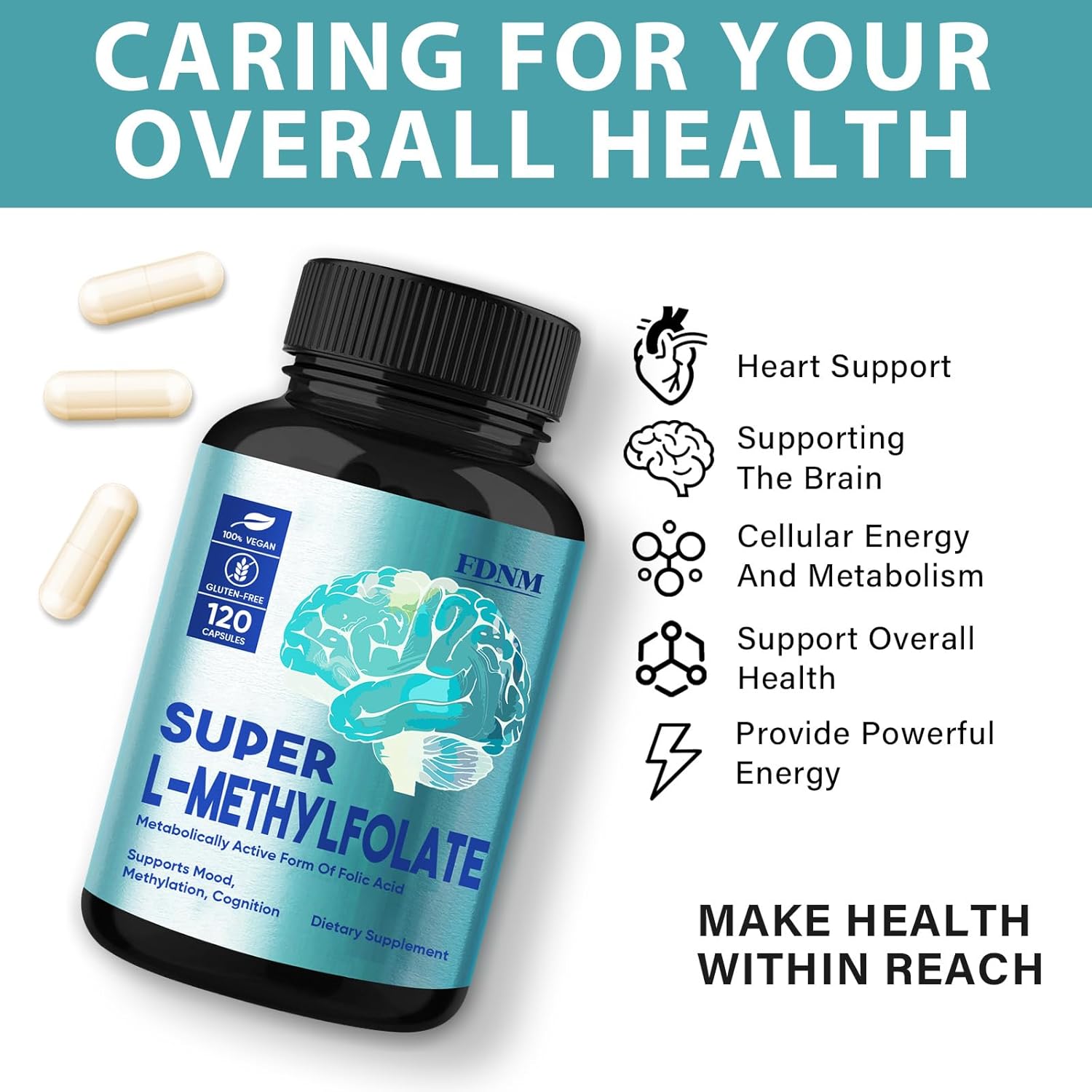 Professional Strength L-Methylfolate 15mg Supplement for Mood & Nerve Support - Non-GMO & Gluten-Free - 120 Capsules