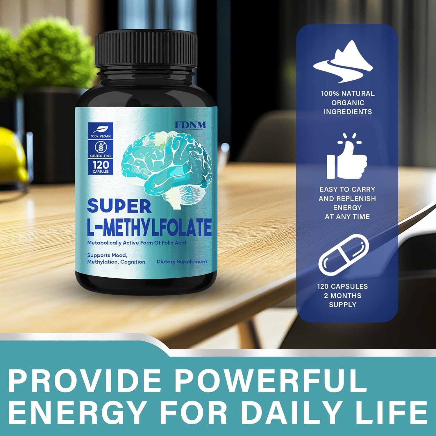 Professional Strength L-Methylfolate 15mg Supplement for Mood & Nerve Support - Non-GMO & Gluten-Free - 120 Capsules