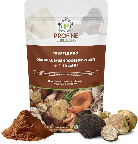Profine Food Stores PROFINE Truffle PRO Mushroom Powder: 12-in-1 Super Blend with Black and White Truffle - USDA Organic Supplement for Coffee/Tea/Smoothies